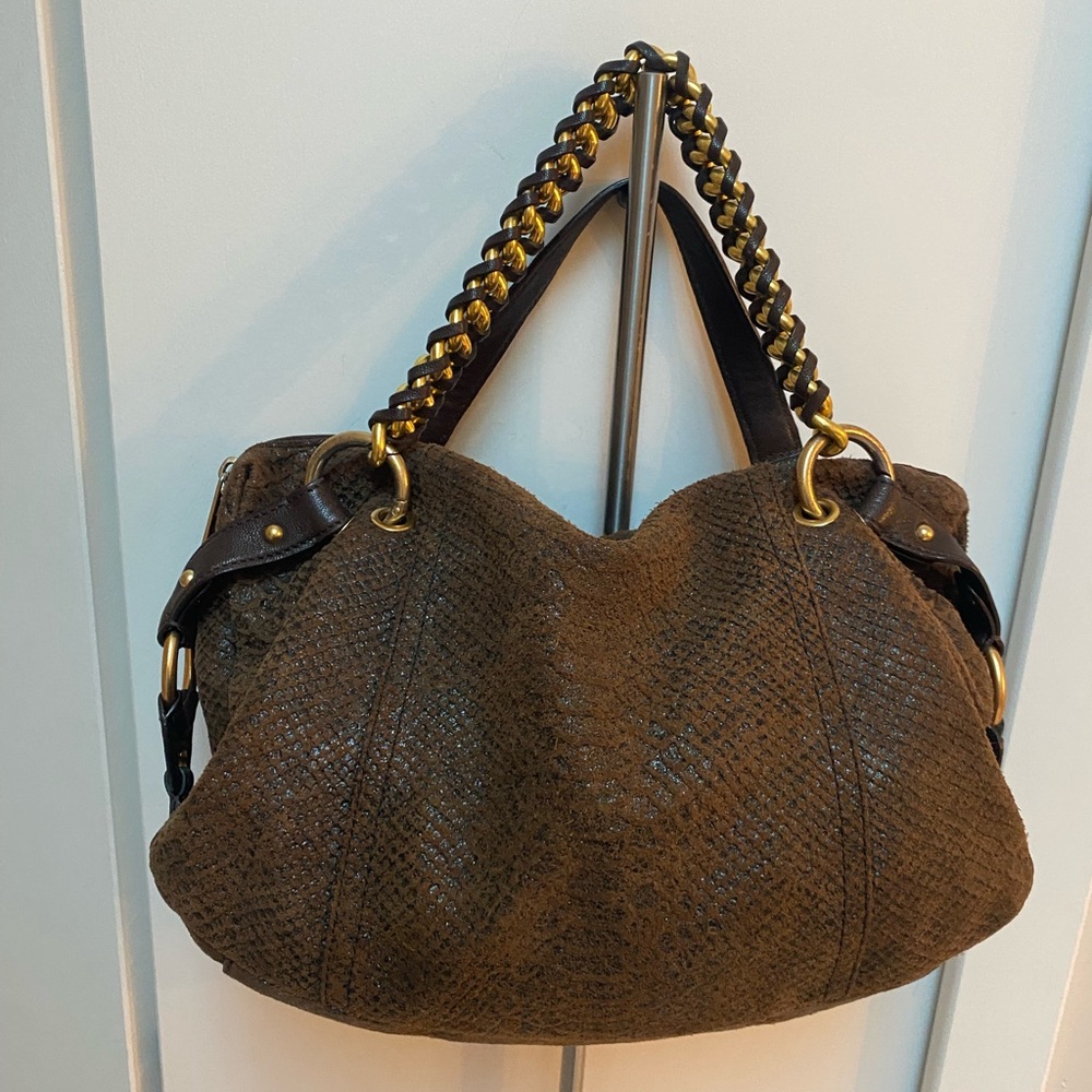 Michael Kors Tristan satchel purse in mocha python embossed leather. MSRP $528.